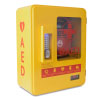yellow rectangular shaped plastic cabinet with a silver numbered key lock and a red defibrillator visible through the large viewing window