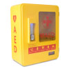 yellow rectangular shaped plastic cabinet with a silver numbered key lock and a large viewing window the letters AED are shown in red down one side and the infographic for the chain of survival are on the front