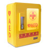 yellow rectangular shaped plastic cabinet with a silver numbered key lock and a red large viewing window with the internal light on