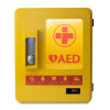 yellow rectangular shaped plastic cabinet with a silver numbered key lock and a large viewing window with the internal light on and a digital thermometer showing the temperature inside the cabinet