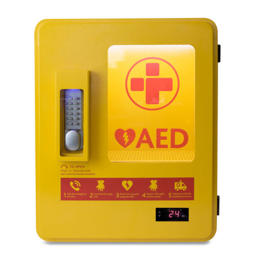 yellow rectangular shaped plastic cabinet with a silver numbered key lock and a large viewing window with the internal light on and a digital thermometer showing the temperature inside the cabinet
