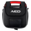 Front view of mediana hearton a15 defibrillator semi automatic soft pouch in black and red colors