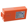 orange rectangular block battery with a white sticker on the front showing the manufacturers name and the CE marking