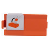 orange rectangular block battery with a white label with an infographic showing that this should be removed before fitting the battery