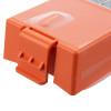 close up of the fixing clip of an orange rectangular block battery