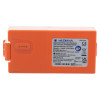 orange rectangular block battery with a white sticker on the front showing the manufacturers name and the CE marking