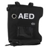 a front view of the mediana hearton a16 showing which way it opens and in bold white lettering AED with shoulder strap laid in front