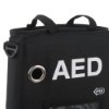 Top view of mediana hearton a16 defibrillator soft carry case in black with AED and open labels visible