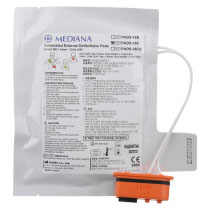 Rmmeda16Dps Mediana Hearton A16 Adult Paediatric Defibrillator Pads Quality Function Front a front view of the defibrillator pads with all technical data, pad placement images for adults and children with a white cable and orange connector