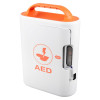 White AED carry case with an orange handle, heart‑and‑bolt AED symbol on the front, and a side status window showing indicator icons.