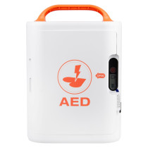 Front of AED case with orange AED symbol, side indicator panel, and latch marked “OPEN.”