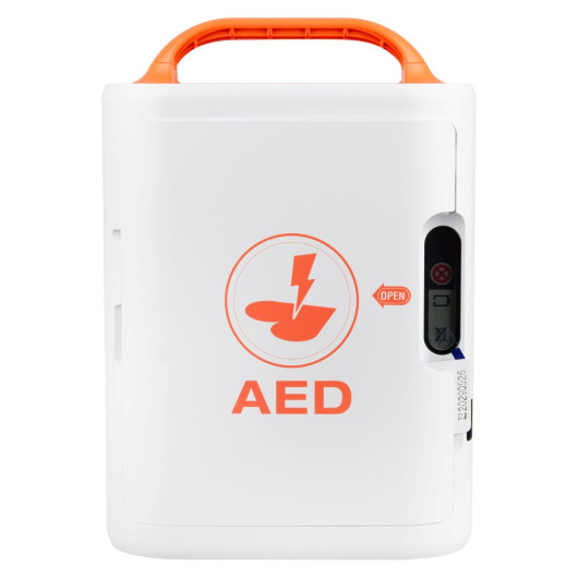 Front of AED case with orange AED symbol, side indicator panel, and latch marked “OPEN.”