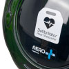 a close up of the front of a green and clear plastic defibrillator cabinet, there are 2 stickers visible one is in white and says defibrillator heart restarter and the other in the earo healthcare logo in white and blue