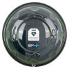 looking directly at a circular clear green plastic defibrillator cabinet, there are 2 stickers visible one is in white and says defibrillator heart restarter and the other in the earo healthcare logo in white and blue