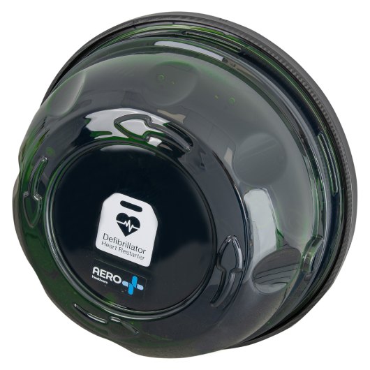 Rotaid Solid Plus Defibrillator Cabinet Alarm angled rotaid solid plus defibrillator cabinet alarm in a rounded black and transparent casing with visible label