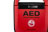 A red defibrillator with the letters AED written in big black text