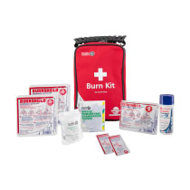 St John Ambulance Zenith Standard Burn Kit Open Contents 1000 red oblong carry case with a lack handle on the front in white writing it has a white cross and the ords burns kits in the top left corner it has the st johns ambulance logo with the individual contents displayed in front