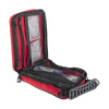 an open red carry case with a black handle the burns kit contents are visible behind black mesh pockets