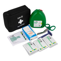 a black soft case with the contents including a res-cue mask, clothing shears, razor, sterile wipes, gloves and tissues