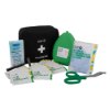 aed responder kit contents including wipes, gloves, scissors, mask, tissues and a black first aid bag