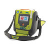 a shot of the carry case with the zoll aed 3 placed inside the case with the pads connected and screen on, ready to use