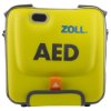 Front view of a bright yellow zoll aed 3 carry case with black and blue lettering and an orange pull tab