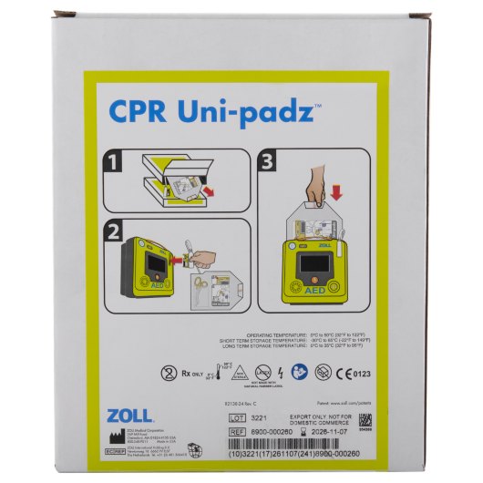 Front of zoll aed 3 cpr uni padz defibrillator pads packaging showing instructions and product details