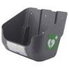 grey plastic wall bracket with 4 wall fixing holes at the back, on the side is a defib logo a white heart and cross on a green background to denote a piece of first aid equipment