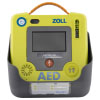 a front view of a grey plastic wall bracket with a bright green zoll aed 3 defib inside it at the front is a label with the brand name zoll in blue
