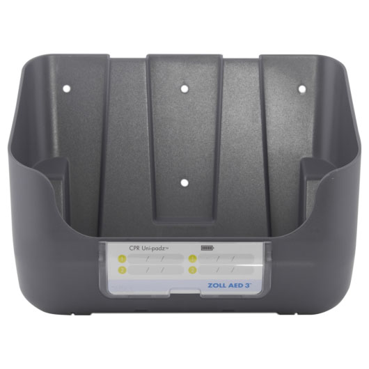a front view of a grey plastic defi wall bracket at the front is a label with the brand name zoll in blue