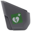 a side view of a grey plastic wall bracket with a green label with a white heart and white cross denoting first aid equipment