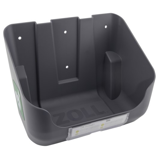 angled zoll aed 3 defibrillator wall mounted bracket in dark plastic with mounting holes and label holder