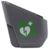 Side view of zoll aed 3 defibrillator wall mounted bracket in dark grey with a green medical heart symbol sticker
