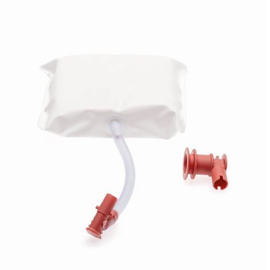 white plastic square shaped balloon with a tube and red connector 