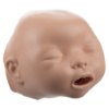 Angled view of laerdal baby anne cpr training manikin with light skin showing closed eyes and open mouth
