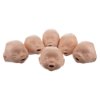 Group of six laerdal baby anne cpr training manikin faces with light skin shown from the front and side angles