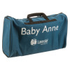 blue holdall style bag with black handles and baby anne written in white text