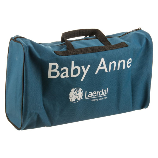 blue holdall style bag with black handles and baby anne written in white text