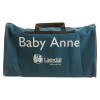 a front on shot of blue holdall style bag with black handles and baby anne written in white text