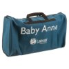 Angled view of laerdal baby anne cpr training manikin soft pack carry case in blue with black handles
