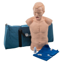 Stjchkch Laerdal Choking Charlie Training Manikin Contents image of the full kit a simulated choking manikin for practice and first aid training, blue holdall bag, t-shirt, and extra boluses