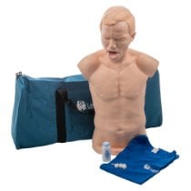 Laerdal Choking Charlie Training Manikin laerdal choking charlie training manikin torso with blue carry bag, blue shirt, small bottle, and cotton balls on white background
