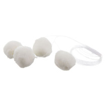 Stjchkchb Laerdal Choking Charlie Training Manikin Boluses Front 4 white small pom pom style balls with a thin string attached to be used with a special choking manikin to practise first aid for choking patients