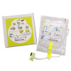 an image of the CPR-D pads in full with the box showing the front of the pads with instructions and the green connector plug placed underneath with the front of the box showing how to connect the pads to the AED