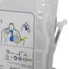 A close up image on the pictorial instructions on placement of the pads with CPR device and also shows where the wire comes out of the packaging