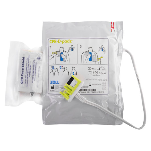 A front shot of the Zoll AED Plus CPR-D Padz complete with CPR Face shield, also showing the connector