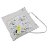Flat angled view of zoll aed plus cprd padz in sealed packaging with visible instructions and connector cable