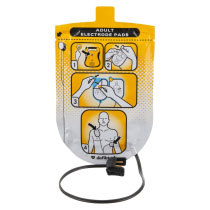 a front shot of the defibtech lifeline AED and Auto defibrillator adult pads in a shield shaped packet with pictorial instructions on how to use them