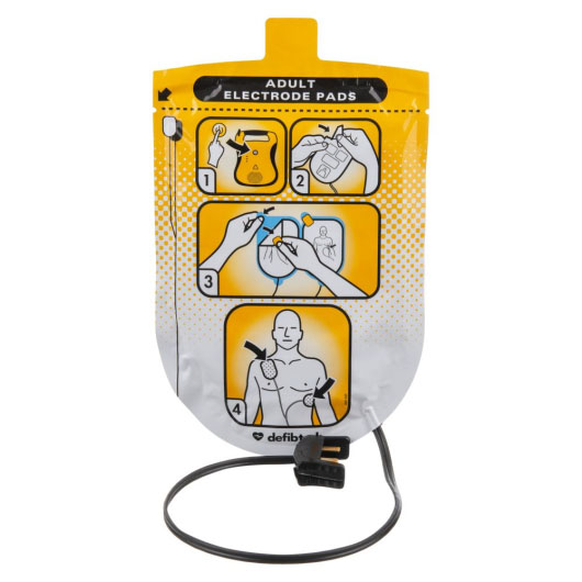 a front shot of the defibtech lifeline AED and Auto defibrillator adult pads in a shield shaped packet with pictorial instructions on how to use them