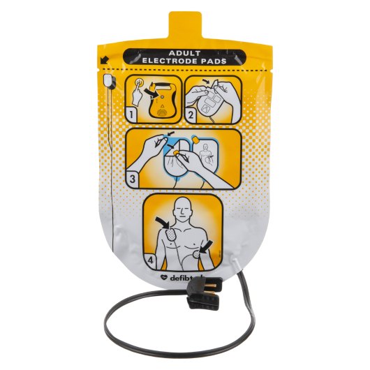 Defibtech Lifeline Aed Auto Defibrillator Adult Pads Front view of defibtech lifeline aed auto defibrillator adult pads package with illustrated usage instructions